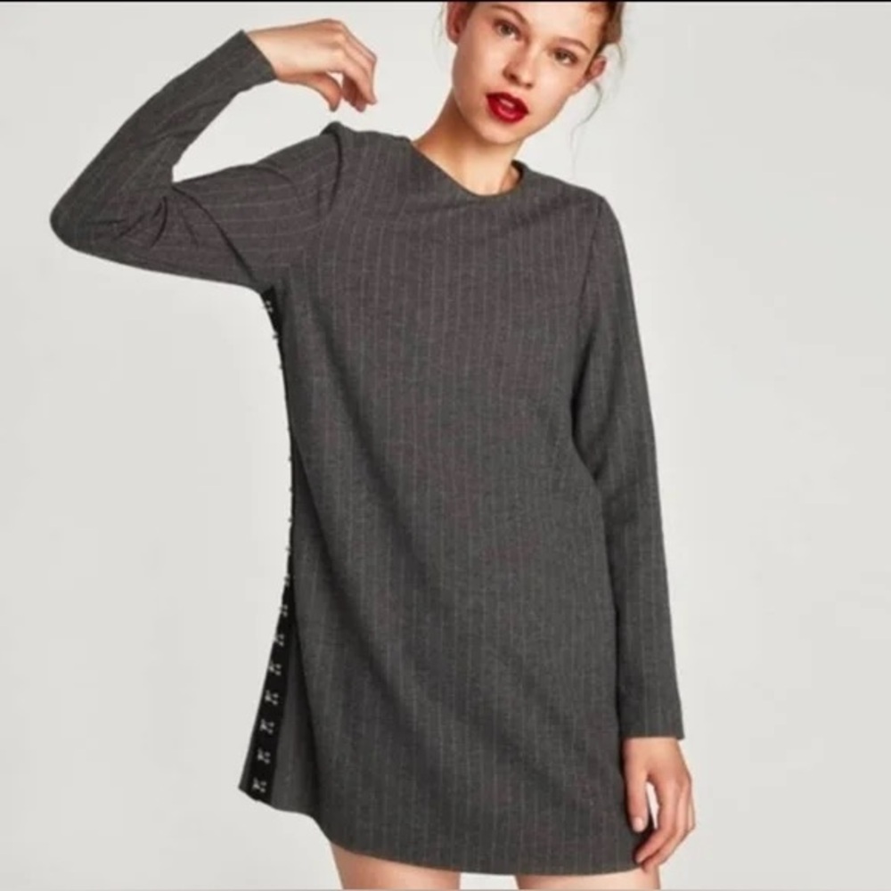 Zara Women's Gray Pinstripe Knit Long Sleeved Mini Dress with Hook Eye Sides